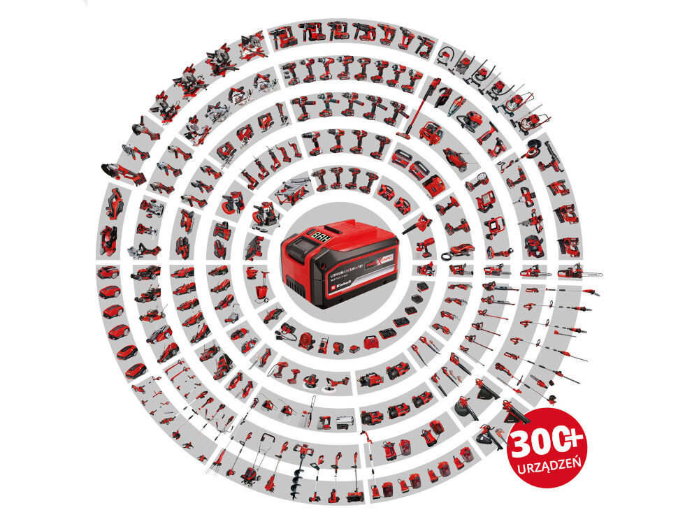 Odśnieżarka EINHELL GE-ST 36-40 Li E-Solo białe tło pośrodku akumulator wokół różne narzędzia ogrodnicze i elektronarzędzia apis 300+ technologia TWIN-PACK dwa akumulatory 18 V z systemu Power X-Change łączne napięcie 36 V wyższa moc pracy sprawniejsze usuwanie śniegu stabilna praca wspólna platforma akumulatorowa pozwala wykorzystywać te same baterie w innych urządzeniach