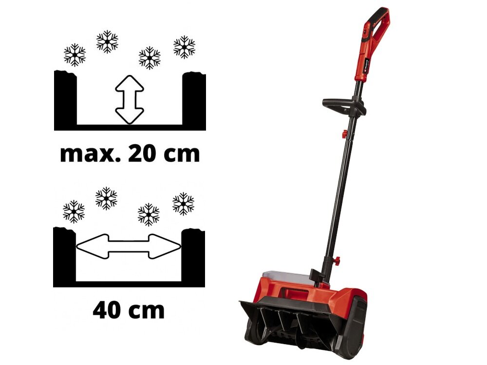 Odśnieżarka EINHELL GE-ST 36-40 Li E-Solo odśnieżarka na białym tle obok czarne grafiki pokazujące szerokość roboczą i maksymalną głębokość pracy szerokość robocza 40 cm maksymalna głębokość odśnieżania do 20 cm sprawne usuwanie większej ilości śniegu w krótszym czasie poprawia organizację zimowych obowiązków pozwala ograniczyć czas spędzany na zewnątrz