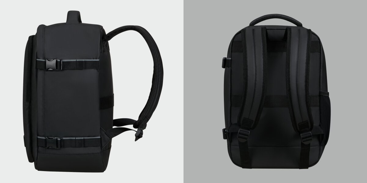 Plecak AMERICAN TOURISTER Take2Cabin Prime S Czarny, Wygodne noszenie, Zdjęcie plecaka od boku oraz tyłu