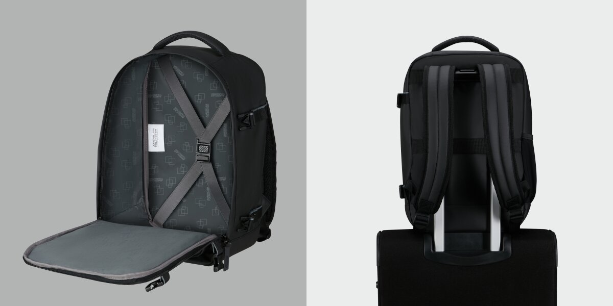 Plecak AMERICAN TOURISTER Take2Cabin Prime S Czarny, Funkcjonalność, Wizualizacja plecaka od wewnętrz oraz od tyłu