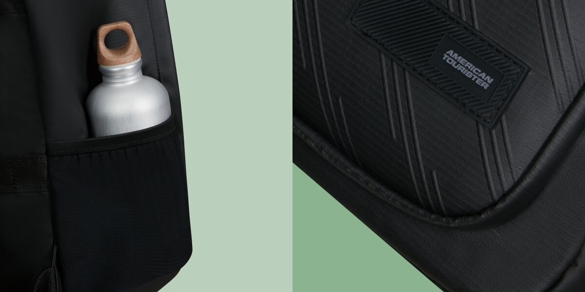 Plecak AMERICAN TOURISTER Take2Cabin Prime S Czarny, Ekologiczny materiał, Zbliżenie na wykonanie plecaka i materiał