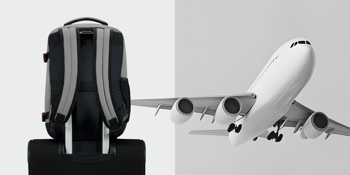 Plecak AMERICAN TOURISTER Take2Cabin Prime S Szary, Bagaż do samolotu, 2 zdjęcia na 1 obrazu, z lewej plecak pokazany od frontu tyłem, z prawej lecący samolot