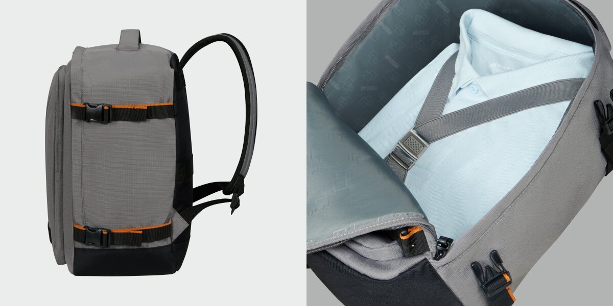 Plecak AMERICAN TOURISTER Take2Cabin Prime S Szary, Na krótki wyjazd, Plecak pokazany od boku pionowo, obok pokazanie pojemności wnętrza plecaka