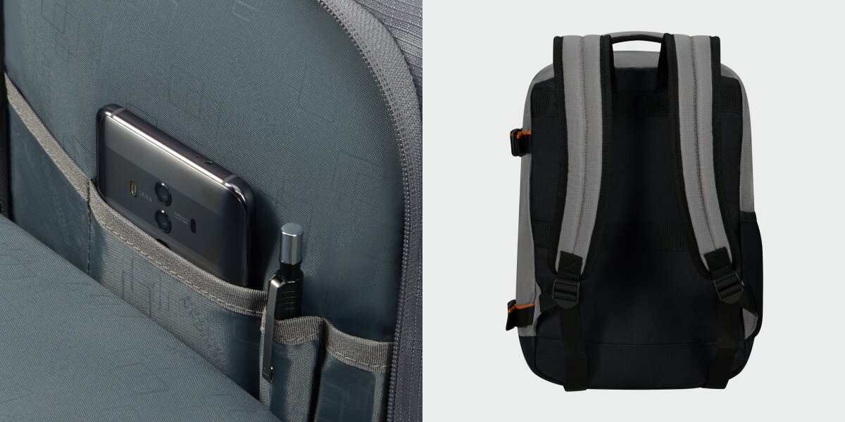 Plecak AMERICAN TOURISTER Take2Cabin Prime S Szary, Idealny dla Ciebie, Wizaulizacja przedniej kieszni, obok zdjęcie plecaka od tyłu pionow frontem
