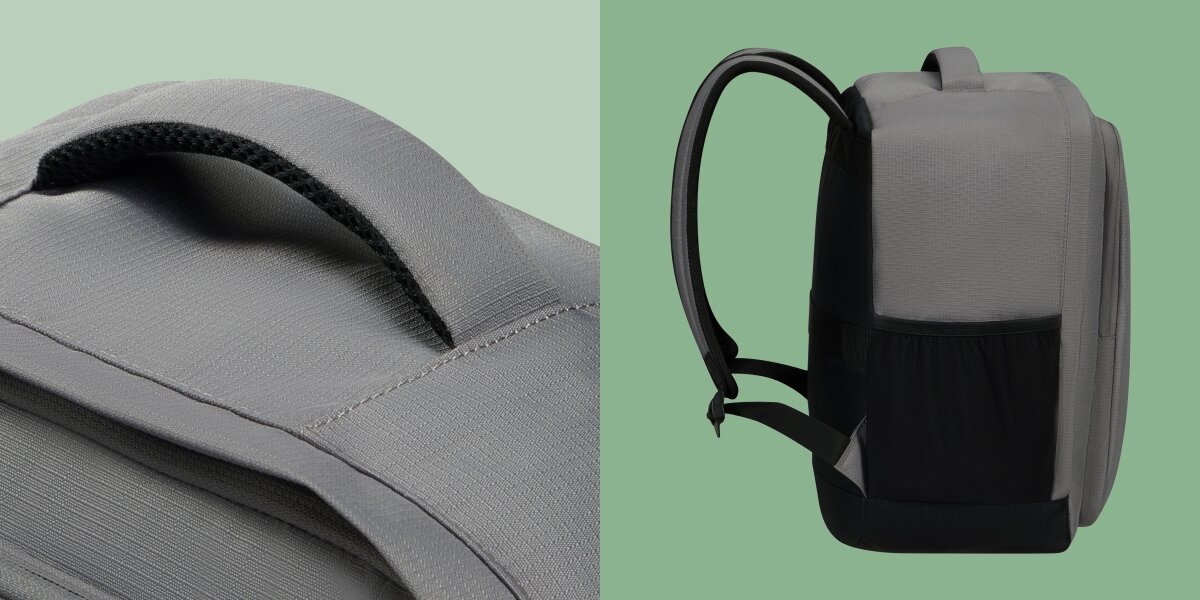 Plecak AMERICAN TOURISTER Take2Cabin Prime S Szary, Materiał z recyklingu, Plecak pokazany od boku oraz od góry tył