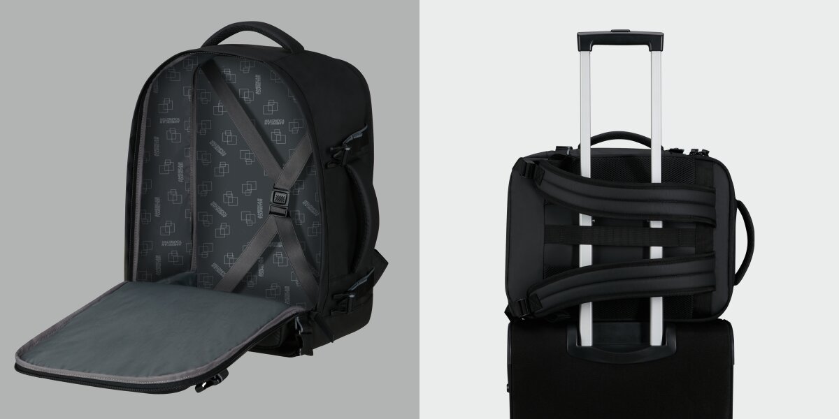 Plecak AMERICAN TOURISTER Take2Cabin Prime S Czarny, Funkcjonalność, Wizualizacja plecaka od wewnętrz oraz od tyłu