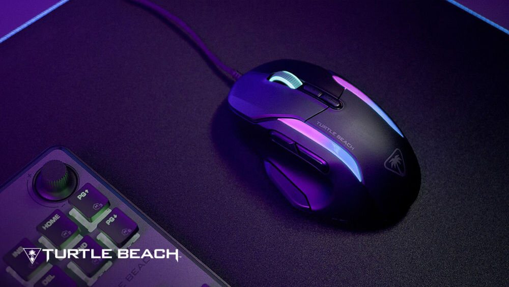 Mysz TURTLE BEACH Kone II czarny
zyskaj przewagę w grze, produkt na ciemnej podkładce, róg klawiatury, białe logo Turtle Beach