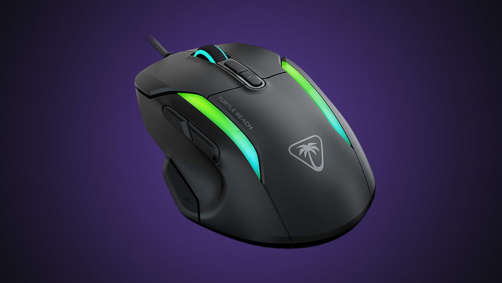 Mysz TURTLE BEACH Kone II czarny
postaw na precyzję, czujnik optyczny Owl-Eye o rozdzielczości do 26000 DPI i szybkości śledzenia 650 IPS,
ślizgacze z czystego tworzywa PTFE poddane obróbce cieplnej,
produkt na fioletowym tle tył góra