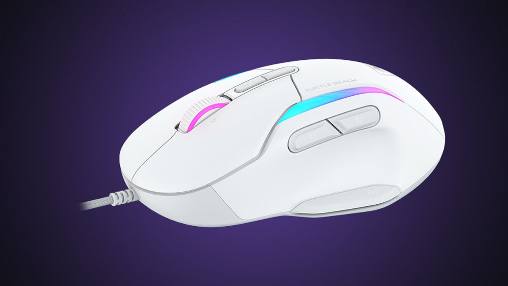 Mysz TURTLE BEACH Kone II Biały 
				zyskaj kontrolę. siedem przycisków Easy-Shift, kółko przewijania 4D Kone II, 
				21 konfigurowalnych funkcji, technologia Easy-Shift[+], funkcja swobodnego obrotu kółka przewijania, produkt bokiem na fioletowym tle