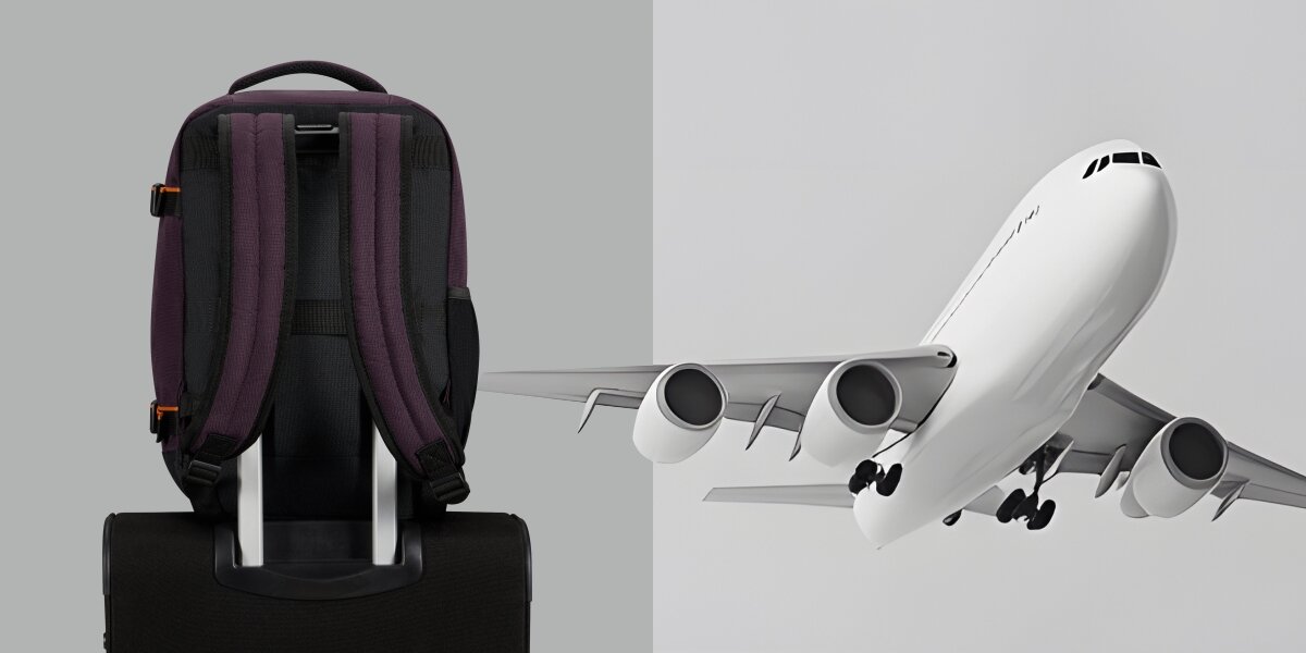 Plecak AMERICAN TOURISTER Take2Cabin Prime S Fioletowy, Bagaż do samolotu, 2 zdjęcia na 1 obrazu, z lewej plecak pokazany od frontu tyłem, z prawej lecący samolot