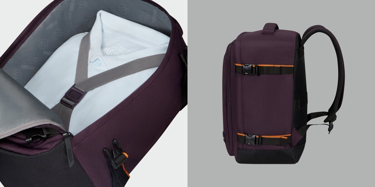 Plecak AMERICAN TOURISTER Take2Cabin Prime S Fioletowy, Na krótki wyjazd, Plecak pokazany od boku pionowo, obok pokazanie pojemności wnętrza plecaka