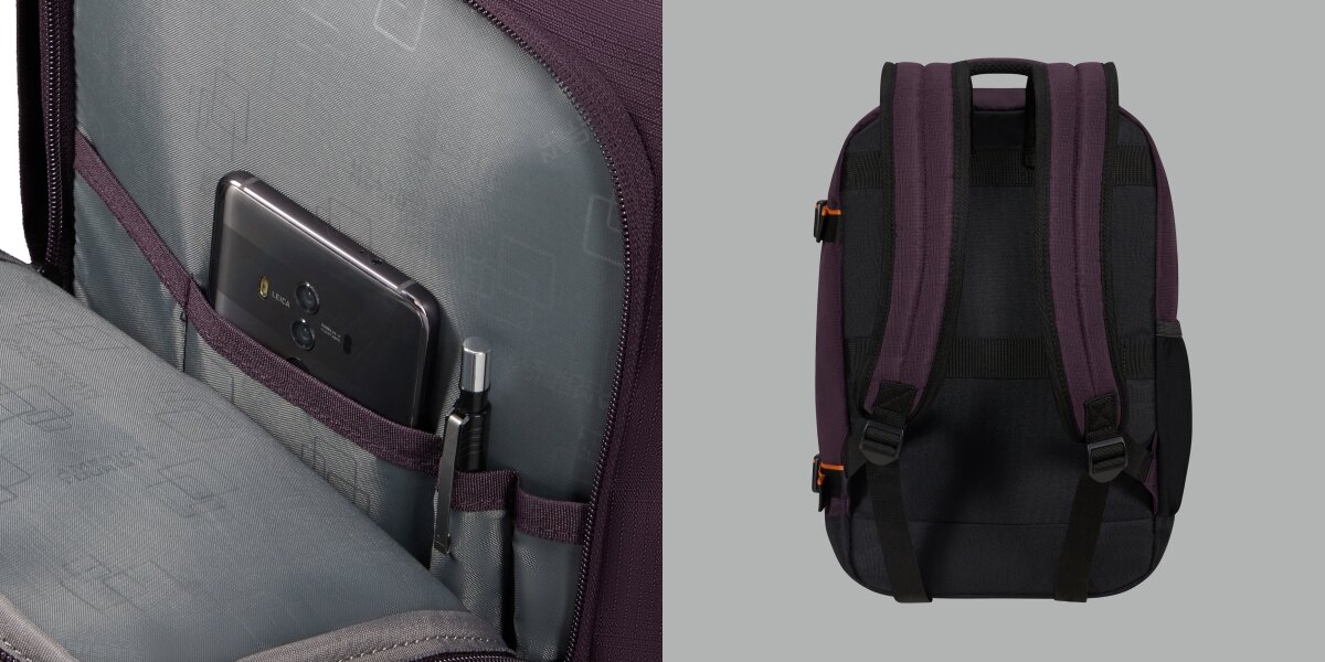 Plecak AMERICAN TOURISTER Take2Cabin Prime S Fioletowy, Idealny dla Ciebie, Wizaulizacja przedniej kieszni, obok zdjęcie plecaka od tyłu pionow frontem