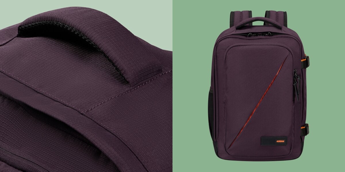 Plecak AMERICAN TOURISTER Take2Cabin Prime S Fioletowy, Materiał z recyklingu, Plecak pokazany od boku oraz od góry tył