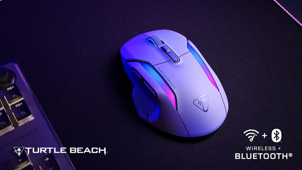 Mysz TURTLE BEACH Kone II Air biały
zyskaj przewagę w grze, produkt na czarnej podkładce, róg klawiatury, białe logo Turtle Beach