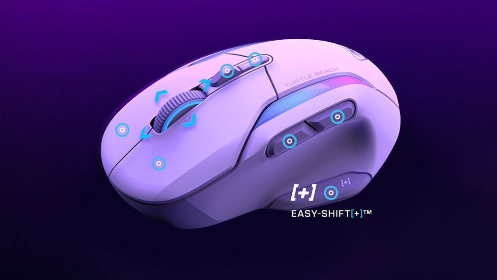 Mysz TURTLE BEACH Kone II Air biały 
				zyskaj kontrolę. siedem przycisków Easy-Shift, kółko przewijania 4D Kone II Air, 
				21 konfigurowalnych funkcji, technologia Easy-Shift[+], funkcja swobodnego obrotu kółka przewijania,
				kompatybilność z NVIDIA Reflex, mysz na fioletowym tle z wypunktowanymi przyciskami oraz kółkiem przewijania, napis Easy-Shift[+]