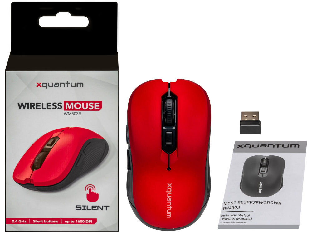 Mysz XQUANTUM WM503R Silent Czerwony elementy zestaw pudełko