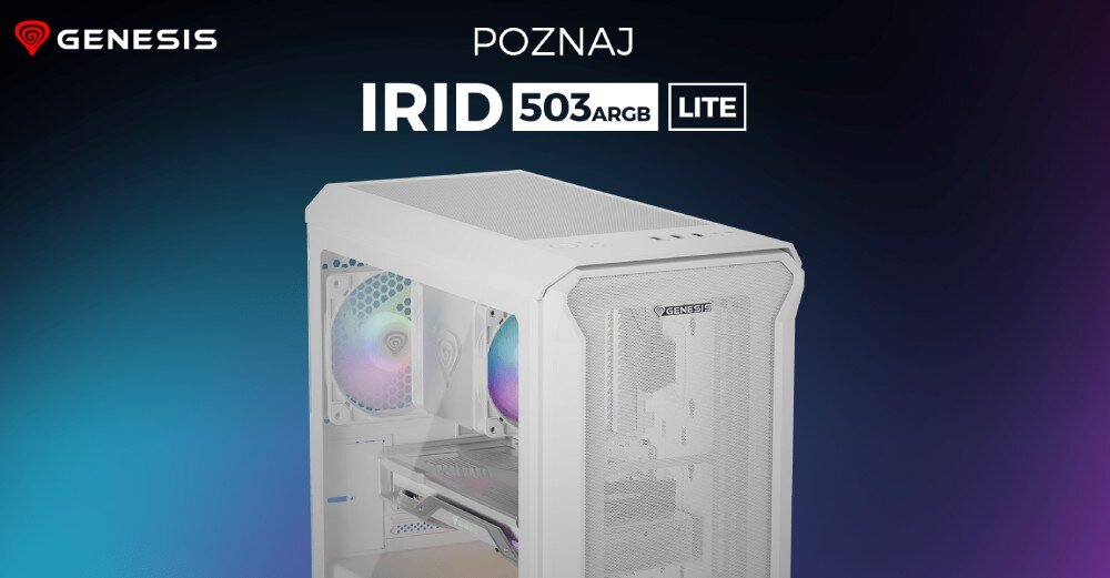 Obudowa GENESIS Irid 503 ARGB Lite Biały Biała obudowa komputerowa z siatkowym frontem, podświetlanymi wentylatorami ARGB i otwartym wnętrzem, na tle ciemnego gradientu. Widoczne logo producenta i nazwa modelu, opis
