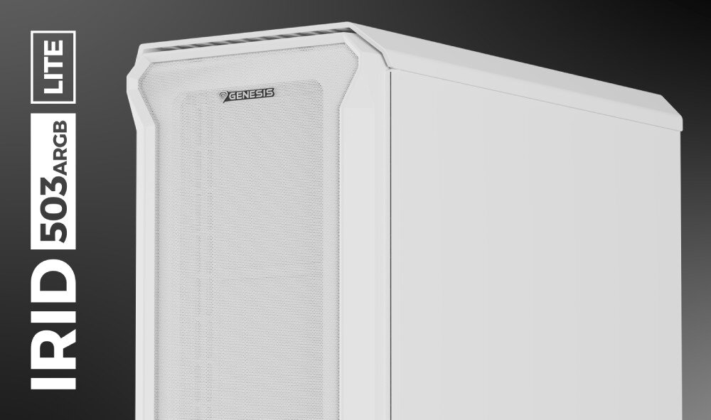Obudowa GENESIS Irid 503 ARGB Lite Biały Zbliżenie na przód obudowy, prezentujące siatkowy panel frontowy oraz gładką boczną powierzchnię. Logo producenta umieszczone w górnej części, cechy, zalety, typ