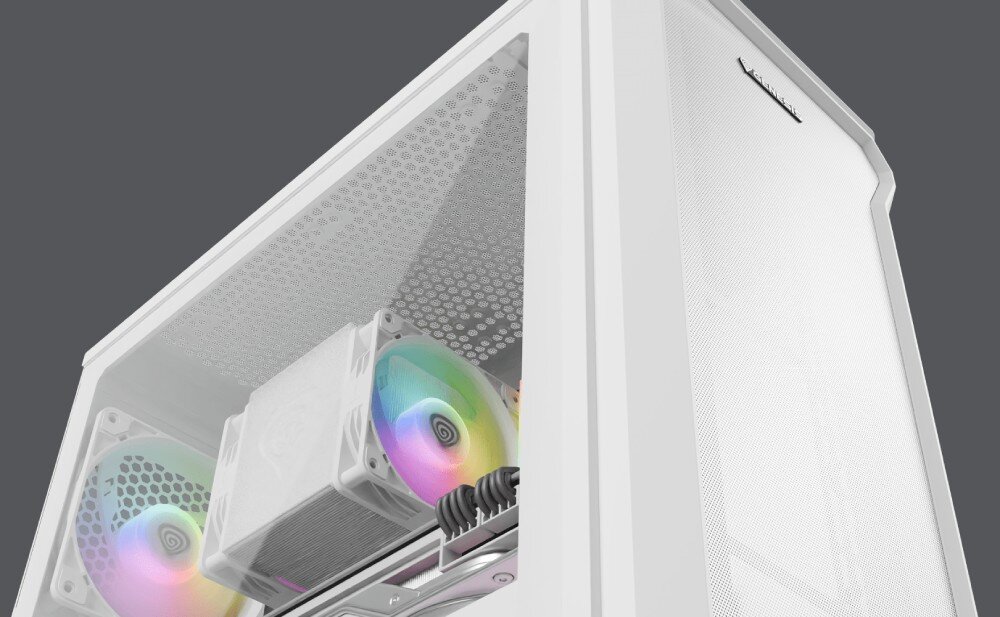 Obudowa GENESIS Irid 503 ARGB Lite Biały Widok z dołu na otwartą obudowę, ukazujący dwa podświetlane wentylatory ARGB i chłodzenie procesora. Przez boczny panel widać perforowaną górną pokrywę, wentylator, przewiewny front