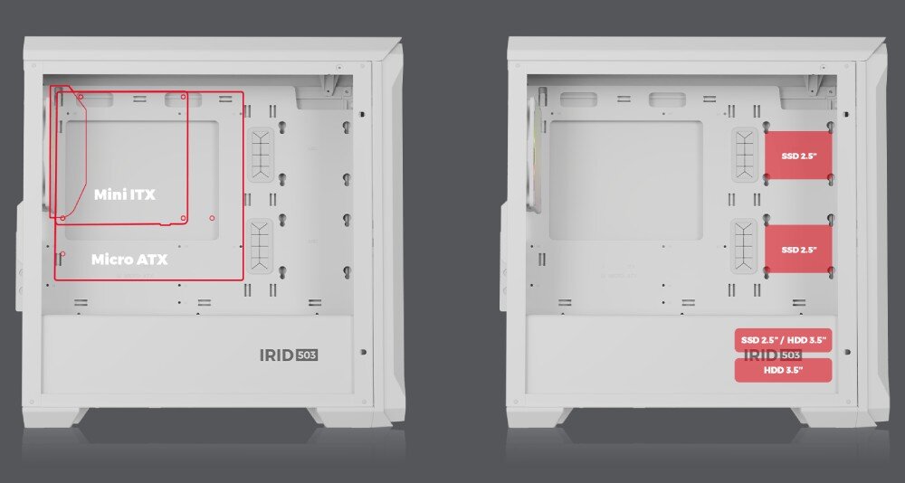 Obudowa GENESIS Irid 503 ARGB Lite Biały Wnętrze obudowy z oznaczeniami kompatybilności płyt głównych Mini ITX i Micro ATX po lewej stronie, a po prawej oznaczenia miejsc na dyski SSD i HDD, kompatybilność, płyty główne, dyski