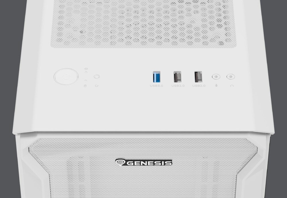 Obudowa GENESIS Irid 503 ARGB Lite Biały Górna część obudowy z panelem I/O zawierającym przycisk zasilania, trzy porty USB (w tym jeden USB 3.0), wejście na słuchawki i mikrofon oraz perforację wentylacyjną, porty, złącza