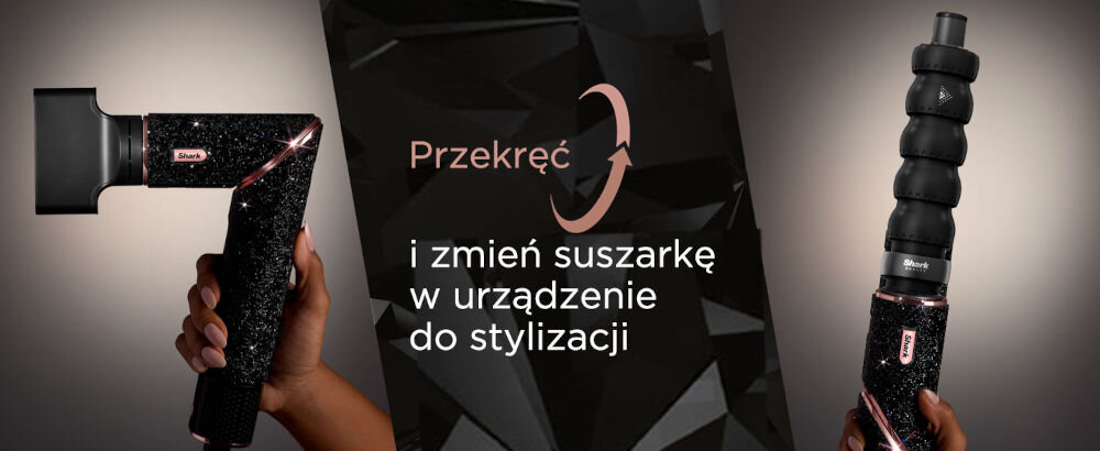 Suszarko-lokówka SHARK Flexstyle HD440JBEU Diamentowy suszenie wszechstronne urządzenie wysuszenie i wystylizowanie włosów na różne sposoby aktywacja funkcji Flex zmiana ustawienia głowicy przekształcenie suszarki w urządzenie do stylizacji włosów 