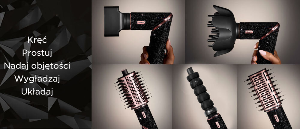 Suszarko-lokówka SHARK Flexstyle HD440JBEU Diamentowy dedykowane nasadki różnorodne stylizacje włosów podkręcanie nadawanie objętości wygładzanie modelowanie prostowanie sześć rodzajów końcówek szeroka gama możliwości zaskakiwanie fryzurą i wyglądem nasadki efekty jak z salonu upragniona fryzura w prosty i szybki sposób 