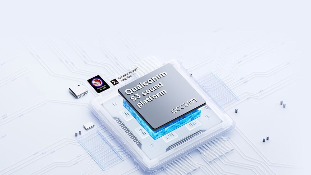 EARFUN Air Pro 4, Qualcomm QCC3091, Bluetooth 5.4, aptX Adaptive, Auracast, bezstratny dźwięk, chip na białym tle