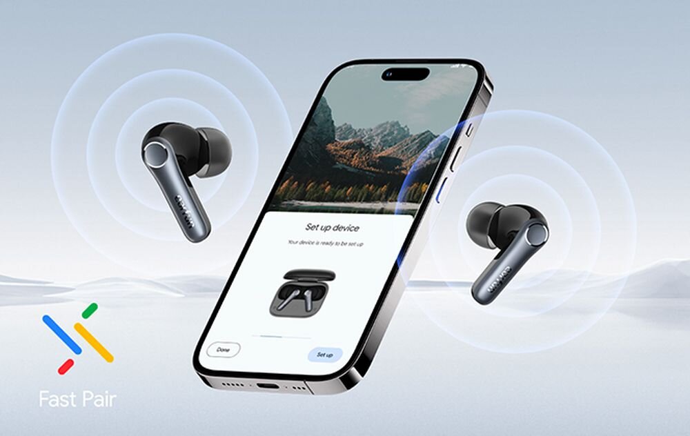 EARFUN Air Pro 4, Google Fast Pair, szybkie parowanie, Android 6.0+ i 11+, słuchawki wraz z telefonem na jasnym tle