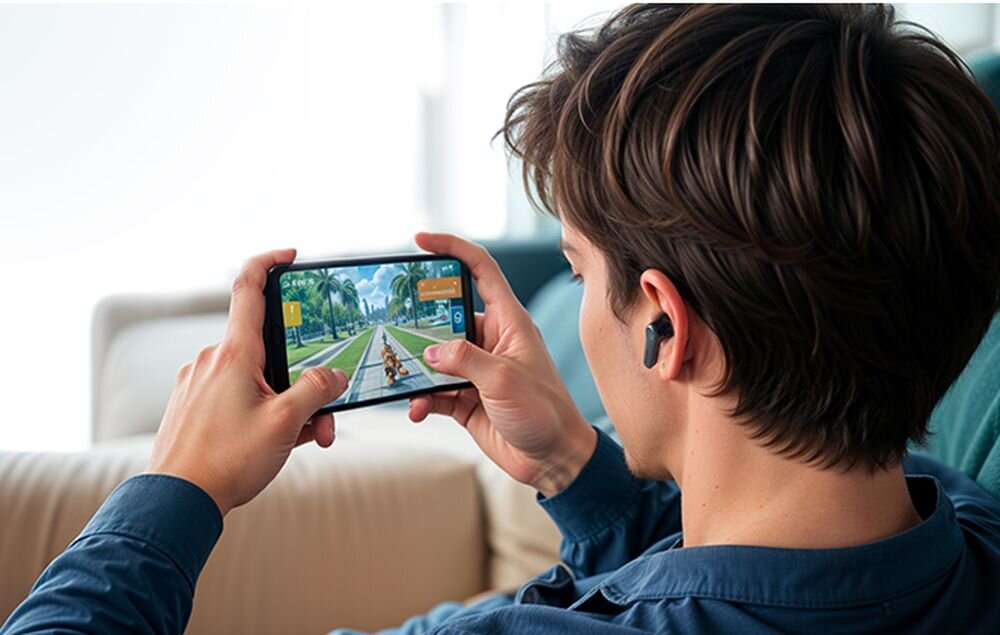 EARFUN Air Pro 4, 50 ms latencja, gry, filmy, płynny dźwięk, osoba z założonymi słuchawkami grająca na telefoniue