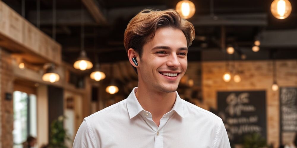Słuchawki EARFUN Air Pro 4, inteligentne ANC QuietSmart 3.0, regulacja hałasu, dopasowanie do otoczenia, osoba z założonymi słuchawkami