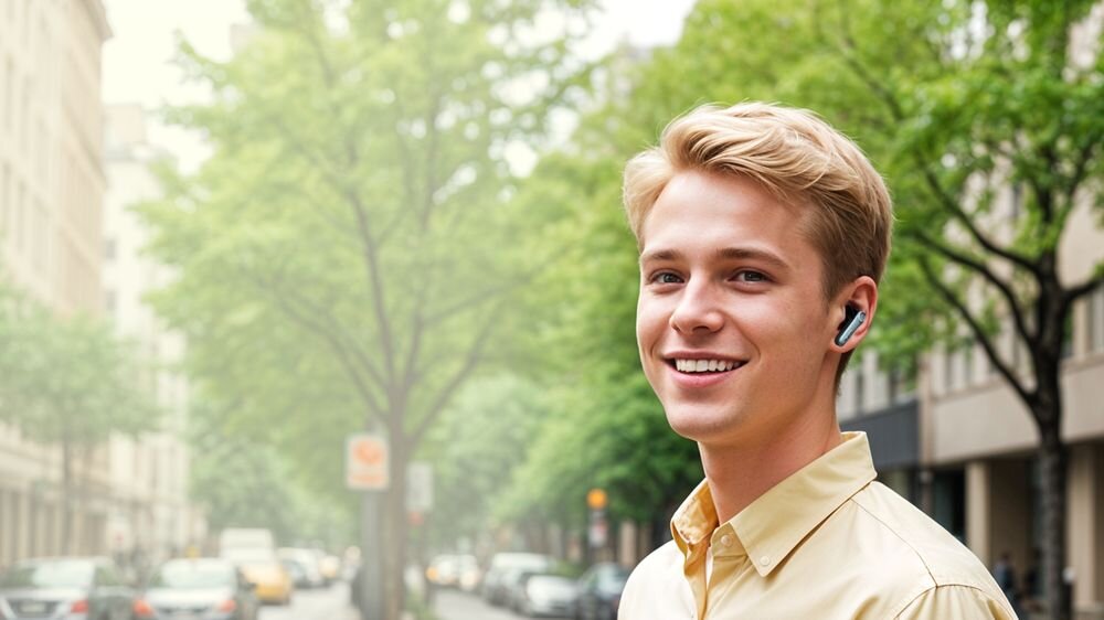 EARFUN Air Pro 4, tryb Ambient Sound, słyszalność otoczenia, komfort użytkowania, osoba z założonymi słuchawkami
