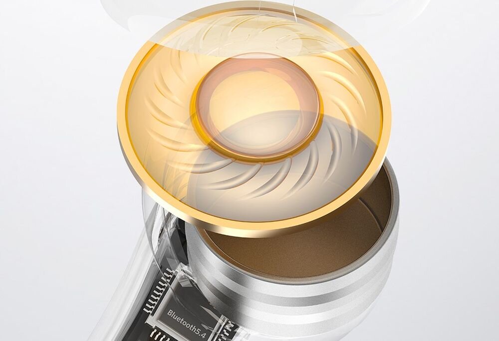 EARFUN Air Pro 4, przetworniki 10 mm Composite Diaphragm, aptX Adaptive, LDAC, szczegółowy dźwięk, przekrój słuchawki na szarym tle