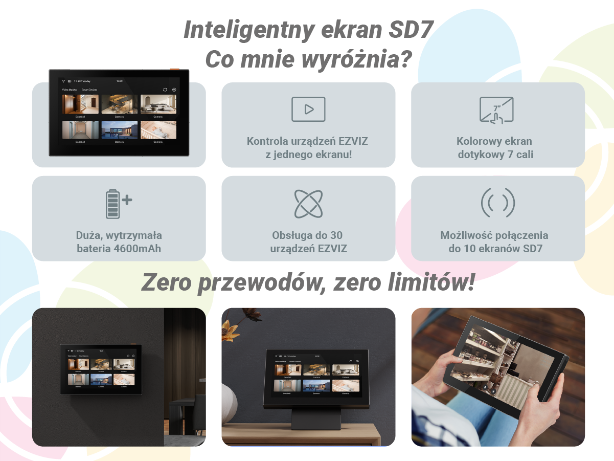 Wideodomofon EZVIZ CS-SD7 Bezprzewodowy Wi-Fi, monitorowanie, obserwacja, sterowanie, zdalne, Monitor EZVIZ CS-SD7 na ścianie, widok nawigacyjny podglądu wielu kamer w domu.