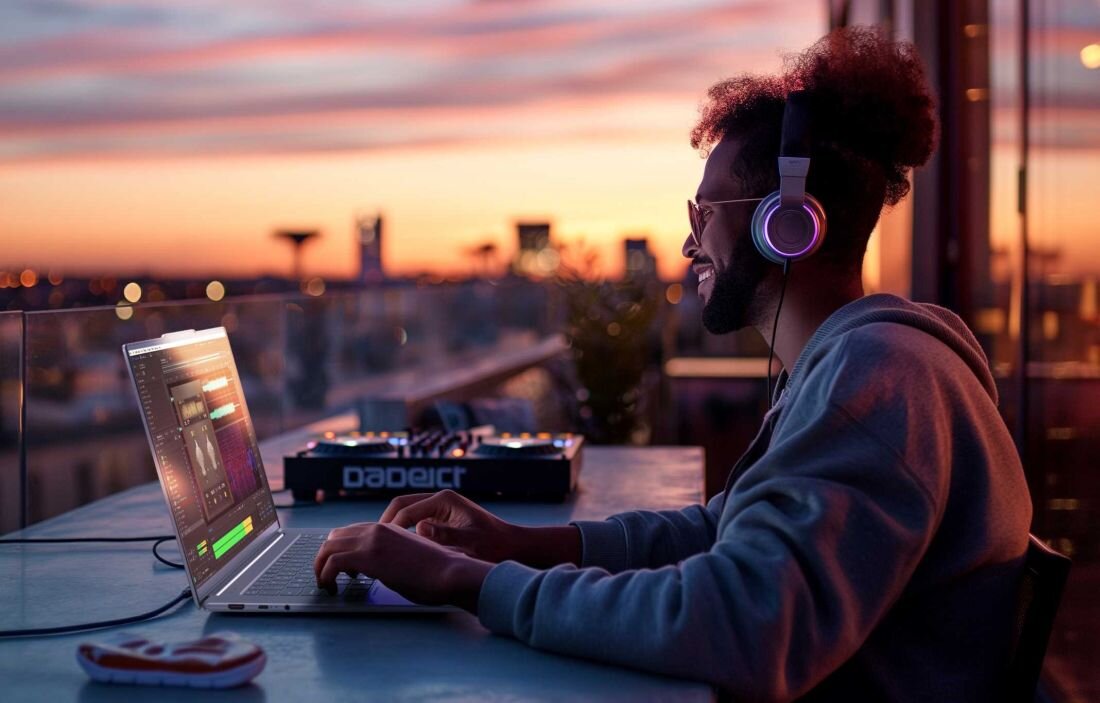 Osoba pracująca na laptopie Lenovo Yoga Slim 7 na tarasie o zachodzie słońca, słuchawki na uszach, otwarty program do produkcji muzyki, obok kontroler DJ – kreatywna praca mobilna z widokiem na miasto