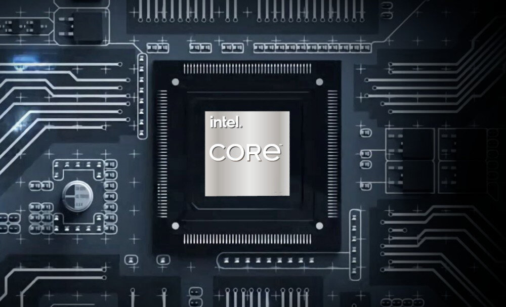 Zbliżenie na procesor Intel Core umieszczony na ciemnej płycie głównej z widocznymi ścieżkami obwodów drukowanych, wizualizacja zaawansowanej technologii i wydajności obliczeniowej. - Intel Core procesor rdzenie prędkość moc