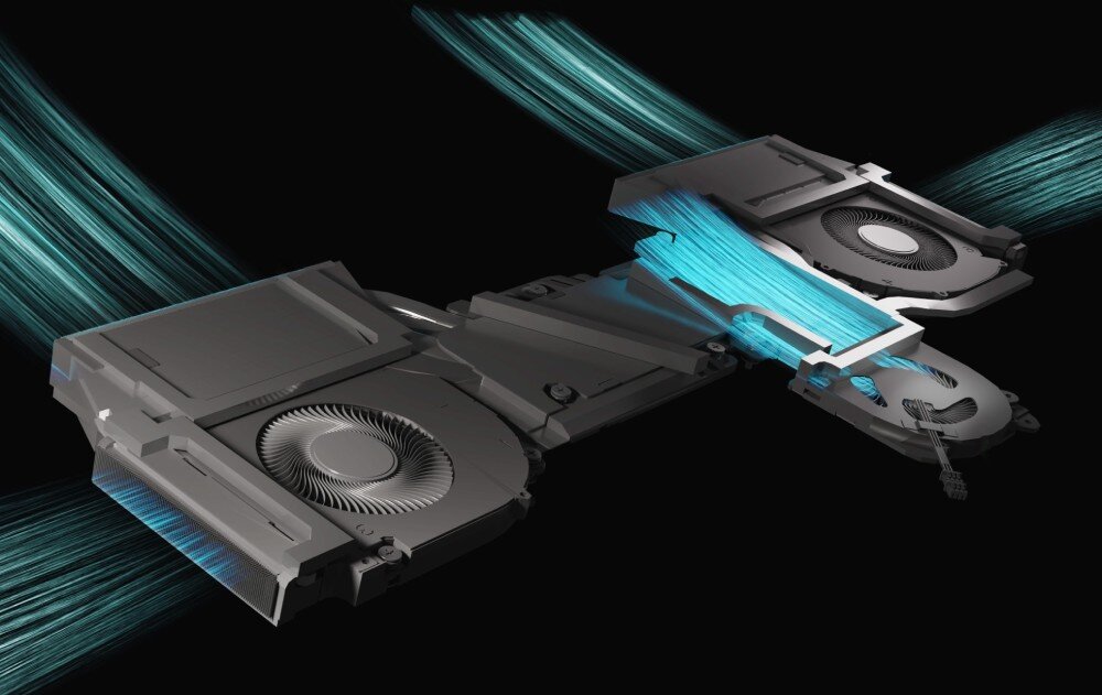 Zaawansowany system chłodzenia Dream Cooling w laptopie gamingowym – wizualizacja dwóch wentylatorów z dynamicznym przepływem zimnego powietrza, symbolizująca efektywne odprowadzanie ciepła i maksymalną wydajność. - chłodzenie temperatura ciepło