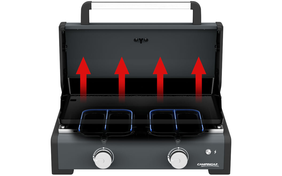 Grill gazowy CAMPINGAZ Plancha Sigma 2 cook, wygoda, palniki, moc, 6kw, na białym tle grill frontem na wprost z otwartą pokrywą i wizualizacją równomiernego grzania