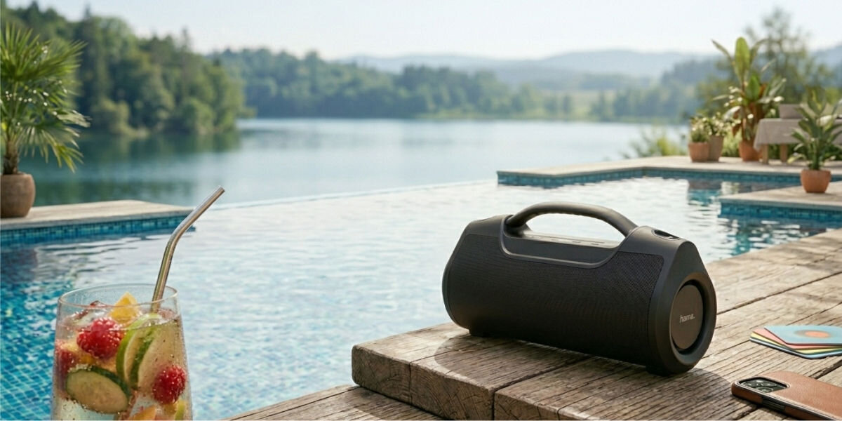 Na drewnianym tarasie przy basenie znajduje się czarny głośnik mobilny z napisem \'Hama\'. Obok stoi szklanka z napojem i owocami oraz leży telefon i książka.