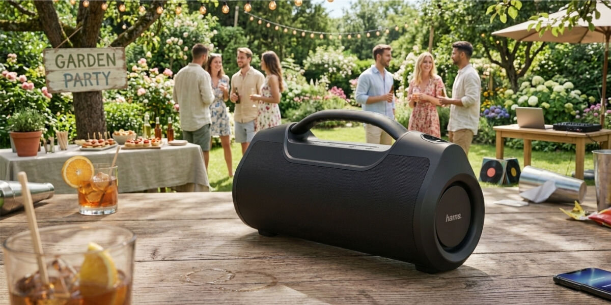 Na drewnianym stole znajduje się czarny głośnik mobilny z logo \'hama.\' W tle widoczna jest grupa osób na przyjęciu w ogrodzie oraz znak z napisem \'GARDEN PARTY.\'
