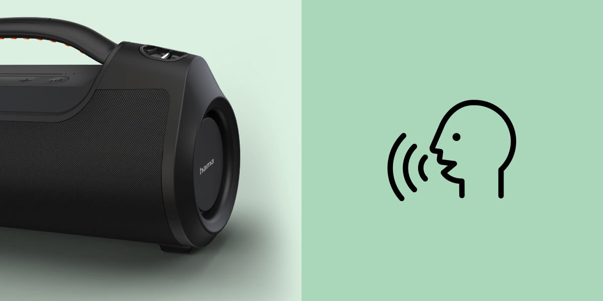 Po lewej stronie widoczny jest czarny głośnik mobilny z logo \'Hama\'. Po prawej stronie znajduje się ikona przedstawiająca głowę z falami dźwiękowymi.