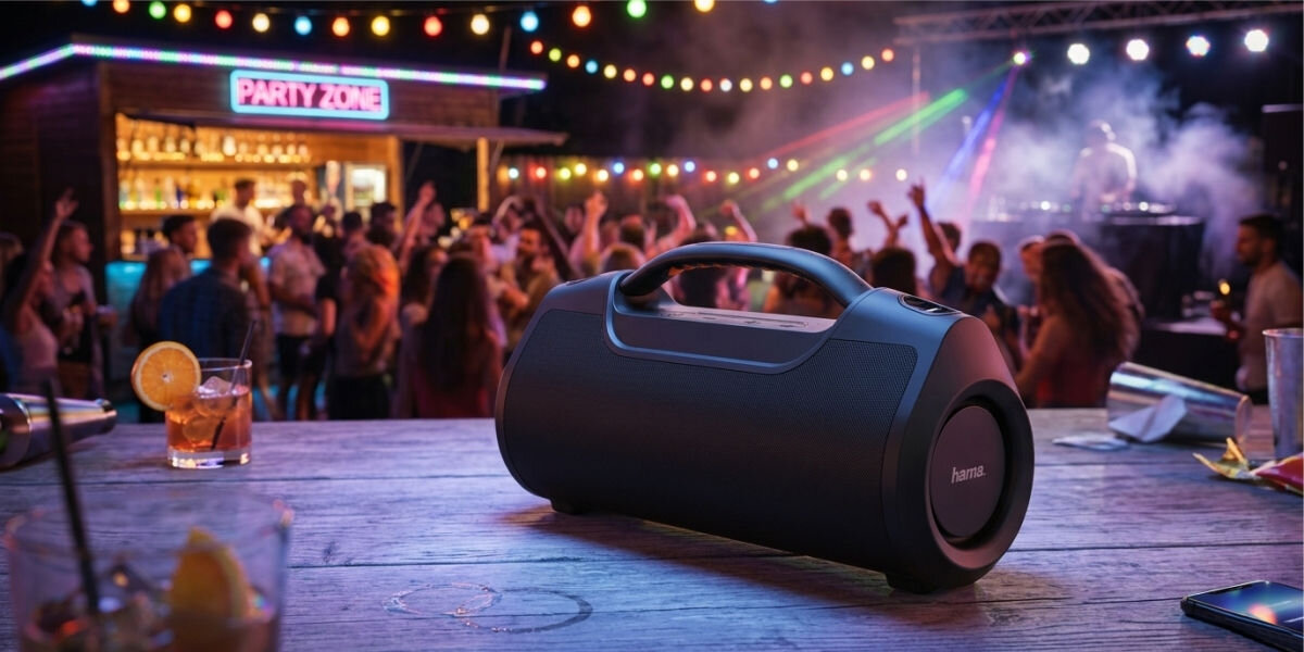 Na drewnianym stole znajduje się czarny głośnik mobilny z logo \'hama\'. W tle widać ludzi bawiących się na imprezie z kolorowymi światłami i napisem \'PARTY ZONE\'.
