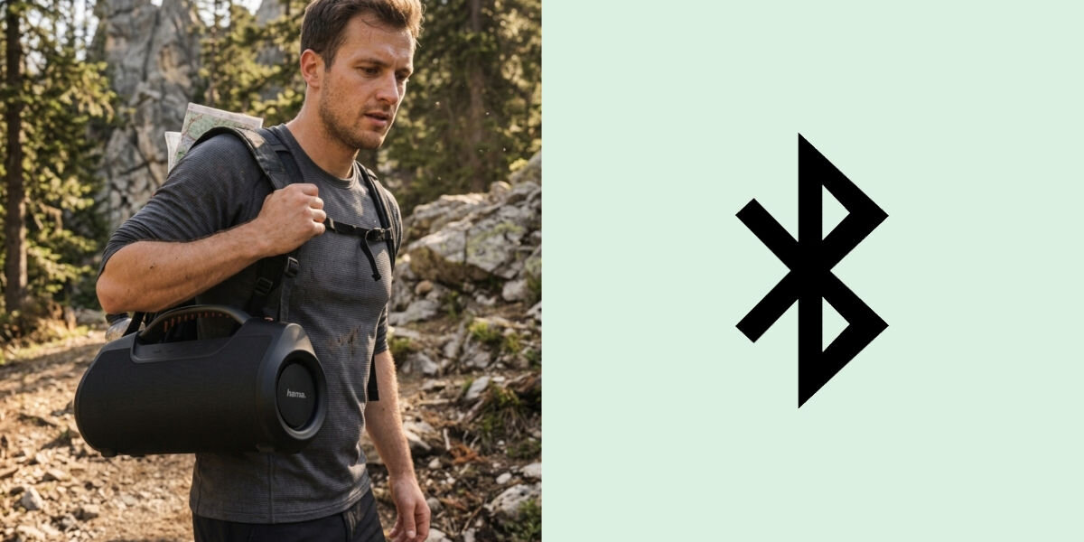 Osoba niesie czarny głośnik mobilny z widocznym logo \'Hama\' na tle lasu. Obok znajduje się symbol Bluetooth na jasnym tle.