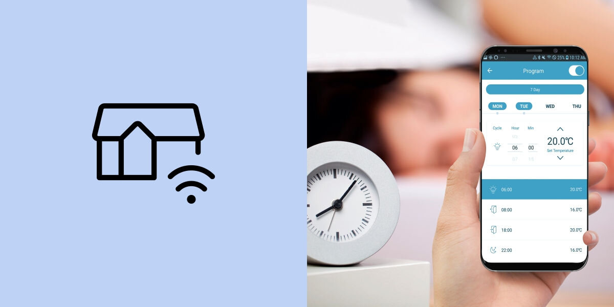 Po lewej stronie znajduje się ikona domu z symbolem WiFi na niebieskim tle. Po prawej stronie osoba trzyma smartfon z aplikacją pokazującą temperaturę 20.0°C i harmonogram na ekranie.