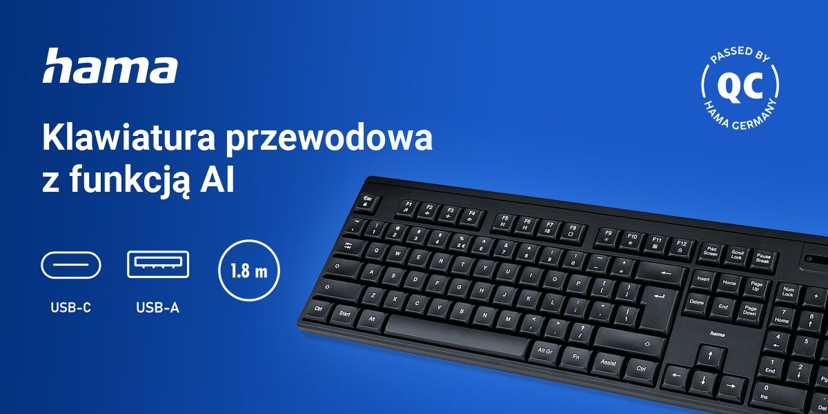 Klawiatura HAMA CK-100 Czarny ergonomiczna klawiatura, produkt na niebieskim tle, loga USB-C, USB-A, logo producenta