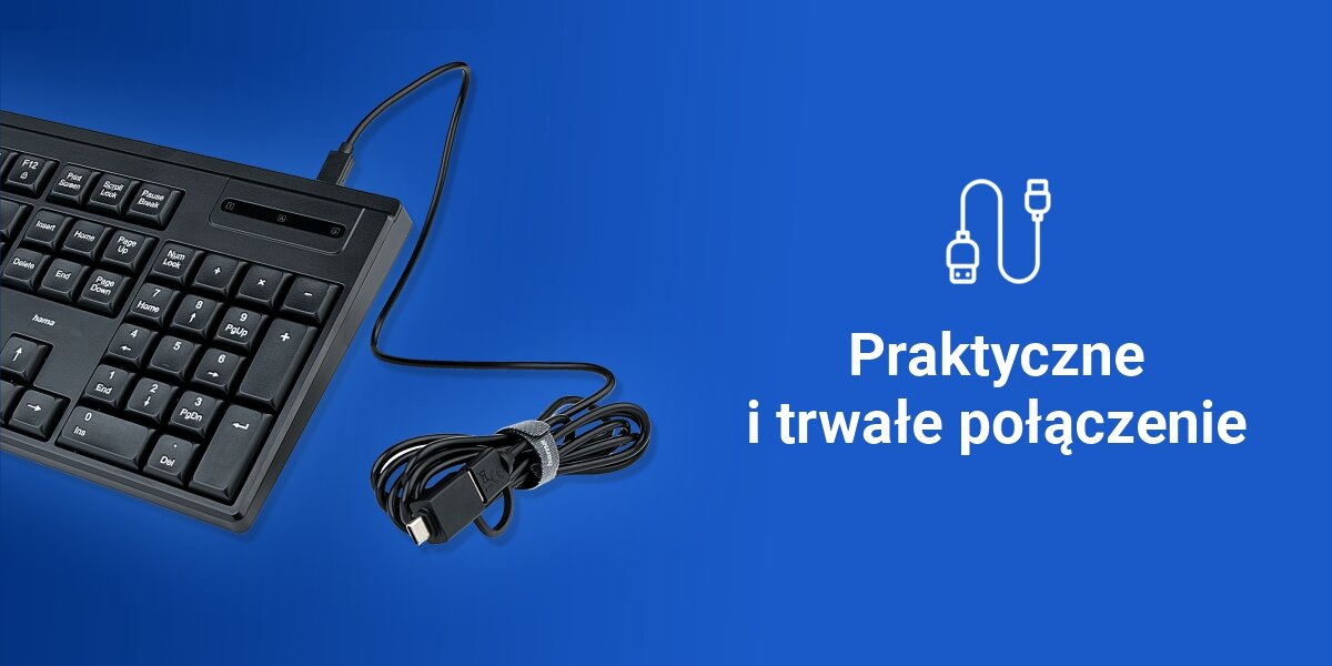 Klawiatura HAMA CK-100 Czarny szybkie podłączenie, brak potrzeby instalowania sterowników,
technologia Plug & Play, produkt na niebieskim tle