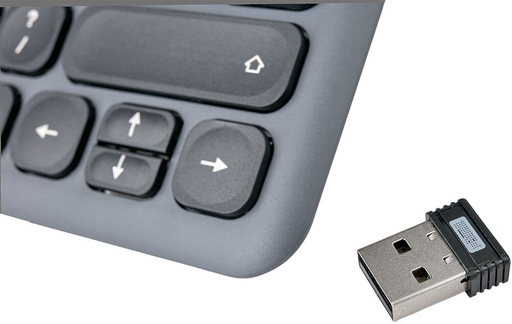 Klawiatura HAMA WK-500 Multi-Device Assist AI Czarny, wszechstronna kompatybilność z systemami Windows 10 i nowszy,
MacOS, Android, iOS, róg produktu oraz adapter 2,4 GHz na białym tle