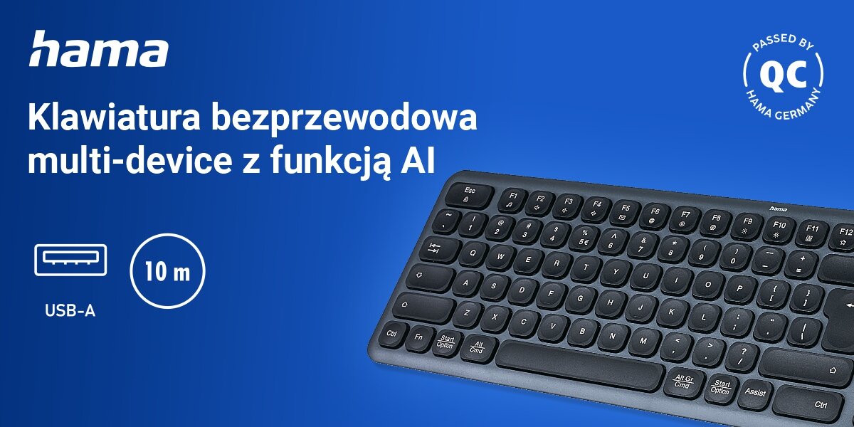 Klawiatura HAMA WK-500 Multi-Device Assist AI Czarny ergonomiczna klawiatura, niebieskie tło, produkt, logo producenta, ikona USB-A