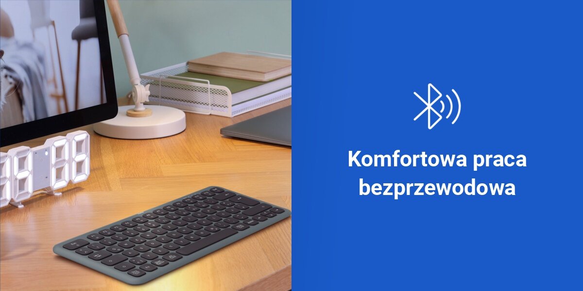 Klawiatura HAMA WK-500 Multi-Device Assist AI Czarny, wygodna bezprzewodowość
technologie 2,4 GHz (adapter 2,4 GHz USB-A w zestawie), bluetooth 5.2, zasięg do 10 metrów, funkcja plug & play,
niebieskie tło, produkt na biurku