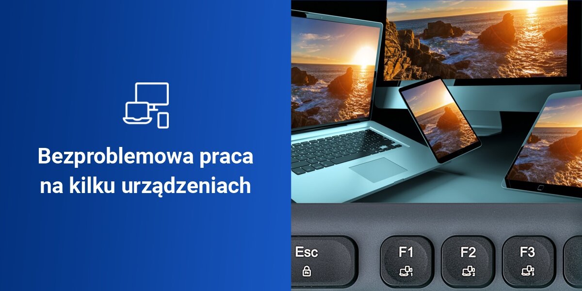 Klawiatura HAMA WK-500 Multi-Device Assist AI Czarny,
możliwość jednoczesnego sparowania z trzema urządzeniami poprzez 1 kanał radiowy i 2 połączenia bluetooth, szybkie przełączanie między urządzeniami za pomocą jednego przycisku,
niebieskie tło, laptop, tablet, smartfon, przyciski do przełączania urządzeń